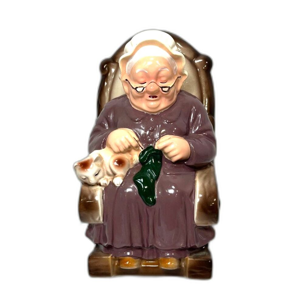 Vintage Retirement Fund Rocking Grandma and Kitty Cat Bank Ceramic Crazing Aged